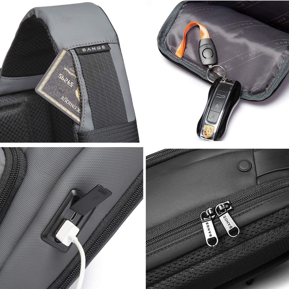 Rucsac crossbody/de umar casual, impermeabil, cu port de incarcare USB si compartiment casti, Bange, Gri