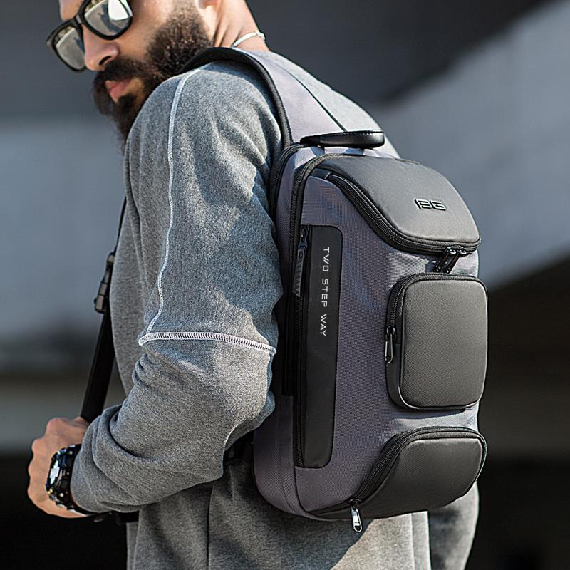 Rucsac crossbody/de umar casual, impermeabil, multifunctional, cu port de incarcare USB, Bange, Gri