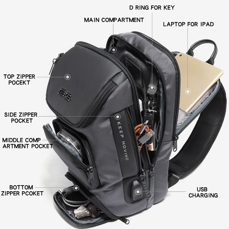 Rucsac crossbody/de umar casual, impermeabil, multifunctional, cu port de incarcare USB, Bange, Gri