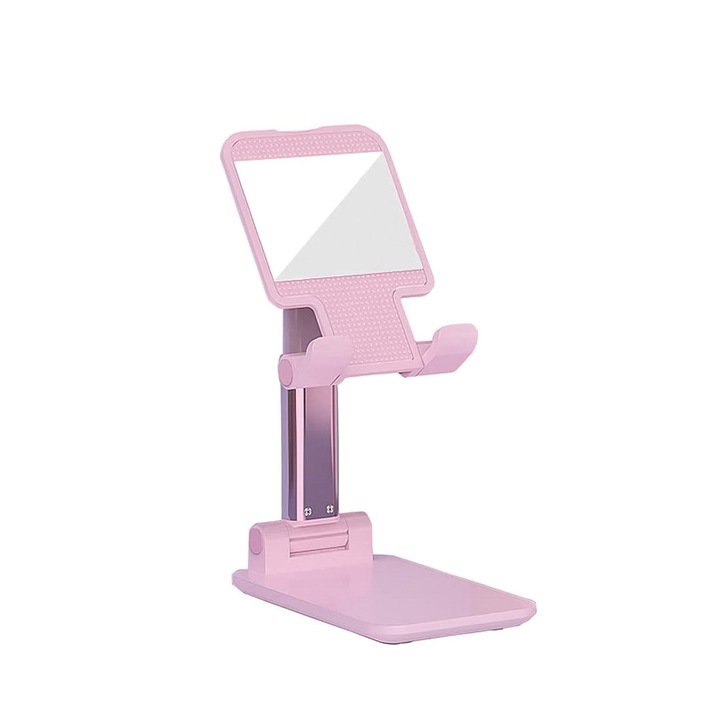 Suport pentru telefon FabMirroring, pliabil, portabil, oglinda, sustine telefonul sau tableta, rezistent, roz, Doty