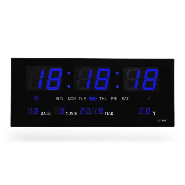 Цифров стенен часовник със синя LED светлина, календар, температура, аларма, термометър 36x15 см