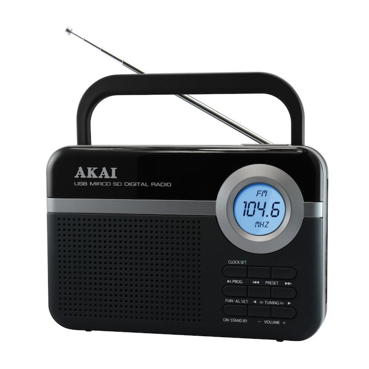 Radio Portabil, USB, Radio FM, FM 87.5 – 108 MHz, SD Card, Display LCD, Putere 0.8W, Ceas, Sleep, Snooze, Alarma, Antena Telescopica, AUX 3.5mm, Negru