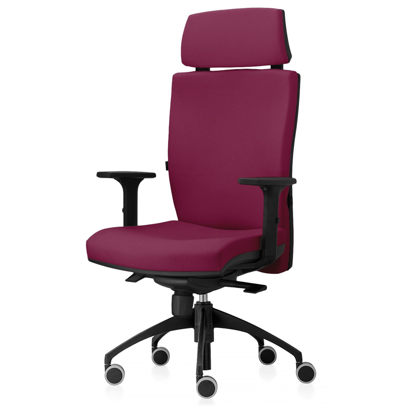 Scaun ergonomic de birou TRAFFIC CHAIRS SUPREM, tapiterie textil BORDO, tetiera tapitata, mecanism multiblock, suport lombar reglabil, brate reglabile, baza inalta fashion, role gumate mari