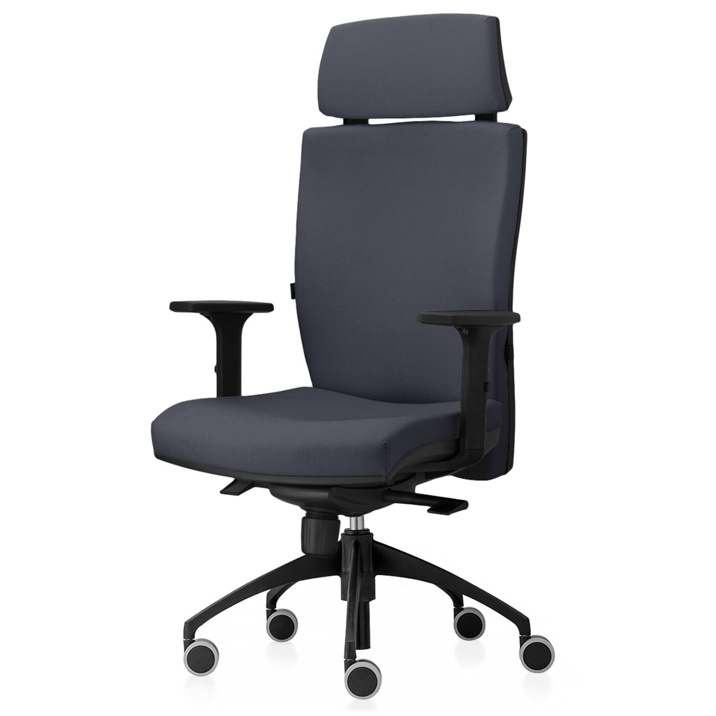 Scaun ergonomic de birou TRAFFIC CHAIRS SUPREM, tapiterie textil GRI INCHIS, tetiera tapitata, mecanism multiblock, suport lombar reglabil, brate reglabile, baza inalta fashion, role gumate mari
