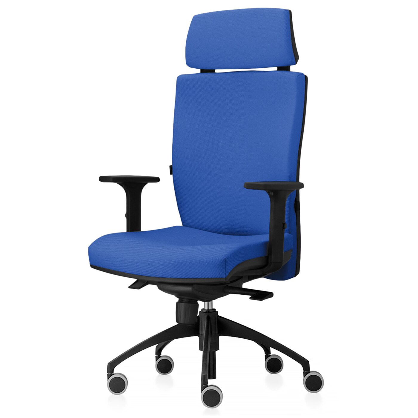 Scaun ergonomic de birou TRAFFIC CHAIRS SUPREM, tapiterie textil ALBASTRU, tetiera tapitata, mecanism multiblock, suport lombar reglabil, brate reglabile, baza inalta fashion, role gumate mari