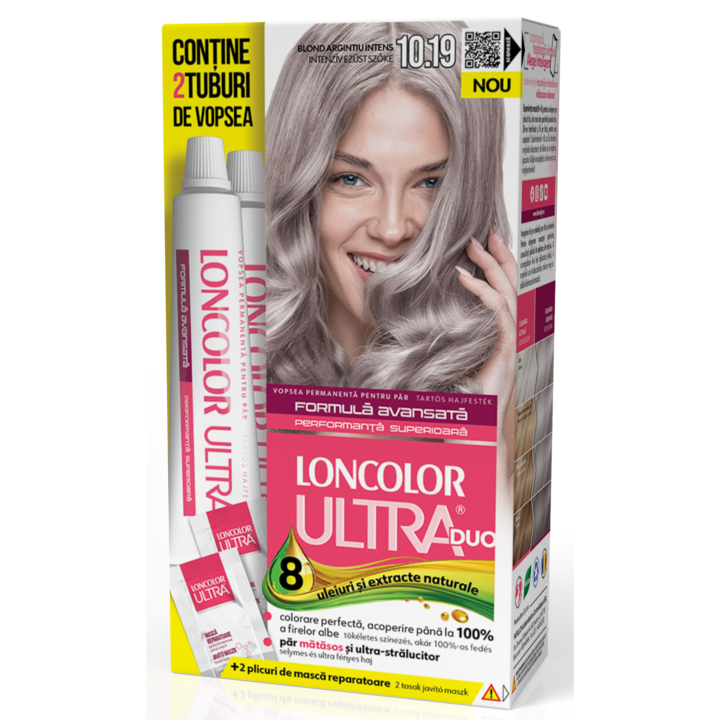 Vopsea de par permanenta Loncolor Ultra Max 10.19 Blond Argintiu Intens, 200 ml