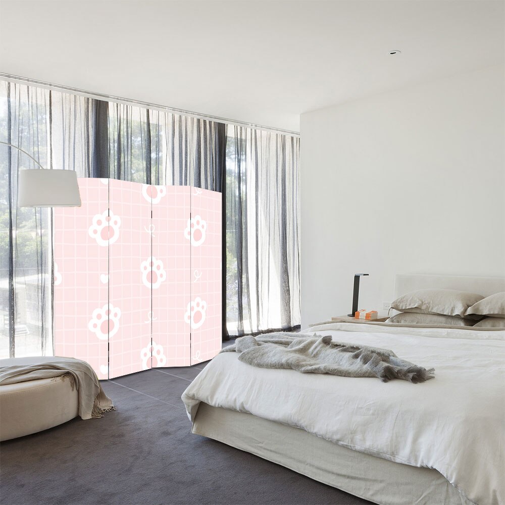 Paravan 4 piese Premium Art Kids, Urme de pisica pe fundal roz, Panza pe  cadru de lemn, Decoratiuni Moderne pentru Casa, 4 Panouri de 35x150, 140 x  
