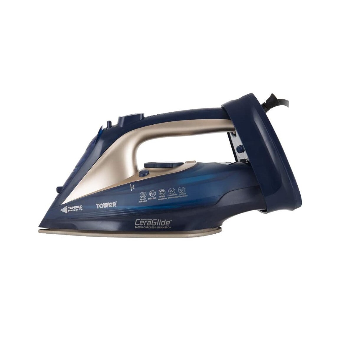 Fier de calcat cu abur fara fir Tower T22008BLG, putere 2400W, talpa de ceramica, rezervor de apa de 360ml, culoare albastru cu auriu