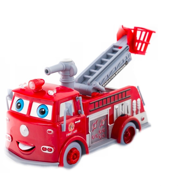 KinderVibe Интерактивна играчка за деца, пожарна машина, с оръдие за сапунени мехури, разтегателна стълба и мебели, светлини и звуци на сирена, избягване на препятствия, включен течен сапун, червен/сив