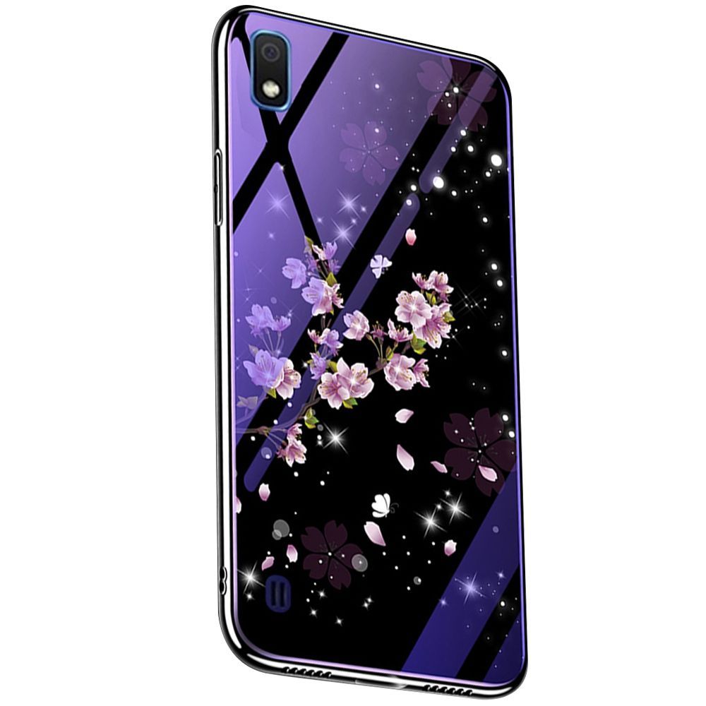 Husa Lemontti Electroplated Edge Blue Light Glass compatibil cu Samsung Galaxy A30, Peach Blossoms