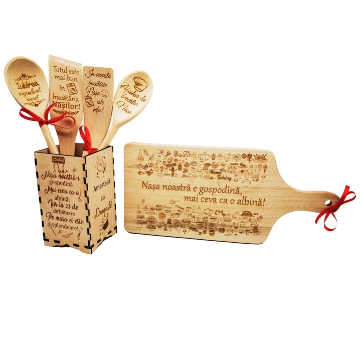 Set de bucatarie personalizat "Nasa noastra e gospodina", 6 piese - Tocator, linguri si spatule in cutie suport din lemn
