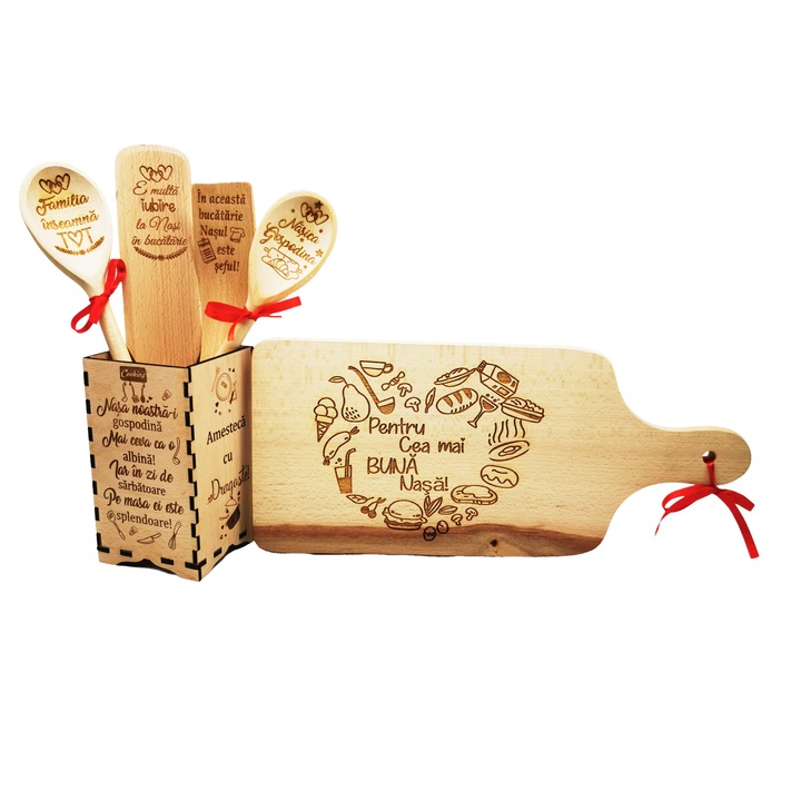 Set de bucatarie personalizat "Cea mai buna Nasa", 6 piese - Tocator, linguri si spatule in cutie suport din lemn
