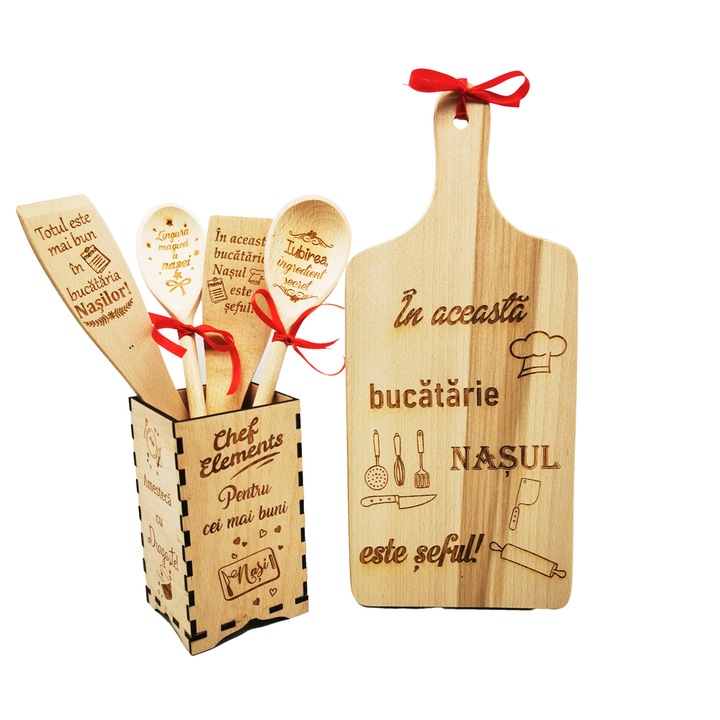 Set de bucatarie personalizat "Cei mai buni Nasi", 6 piese - Tocator, linguri si spatule in cutie suport din lemn