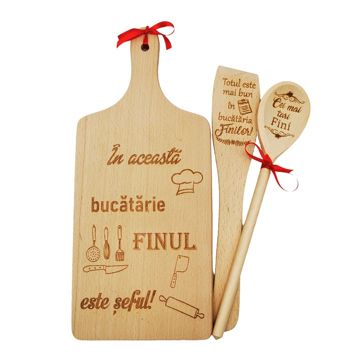 Set de bucatarie personalizat "Bucataria finilor", 3 piese - Tocator, Spatula si Lingura de lemn