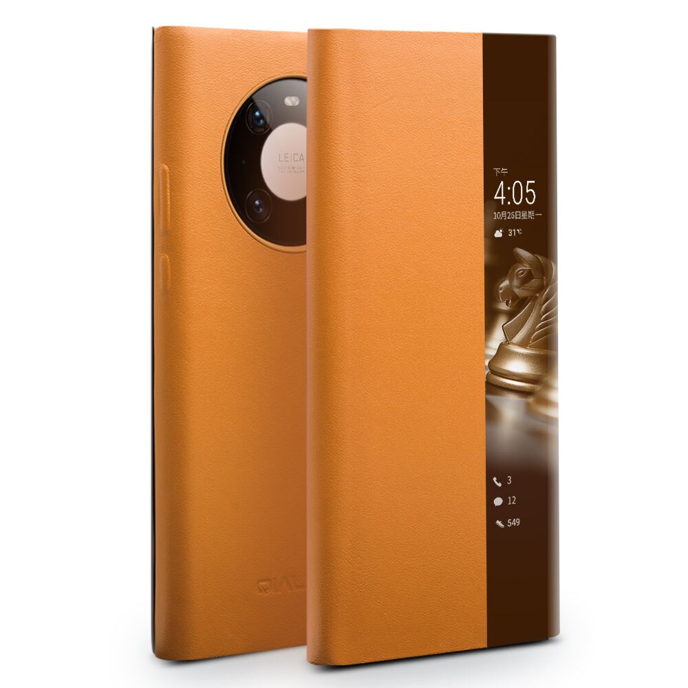 Husa pentru Huawei Mate 40 Pro, smart cover, slim din piele naturala, Qialino Smart Luxury, culoare Galben mustar
