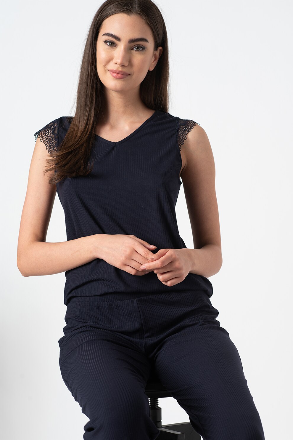 ESPRIT Bodywear, Pijama cu aspect striat Dagna, Bleumarin inchis