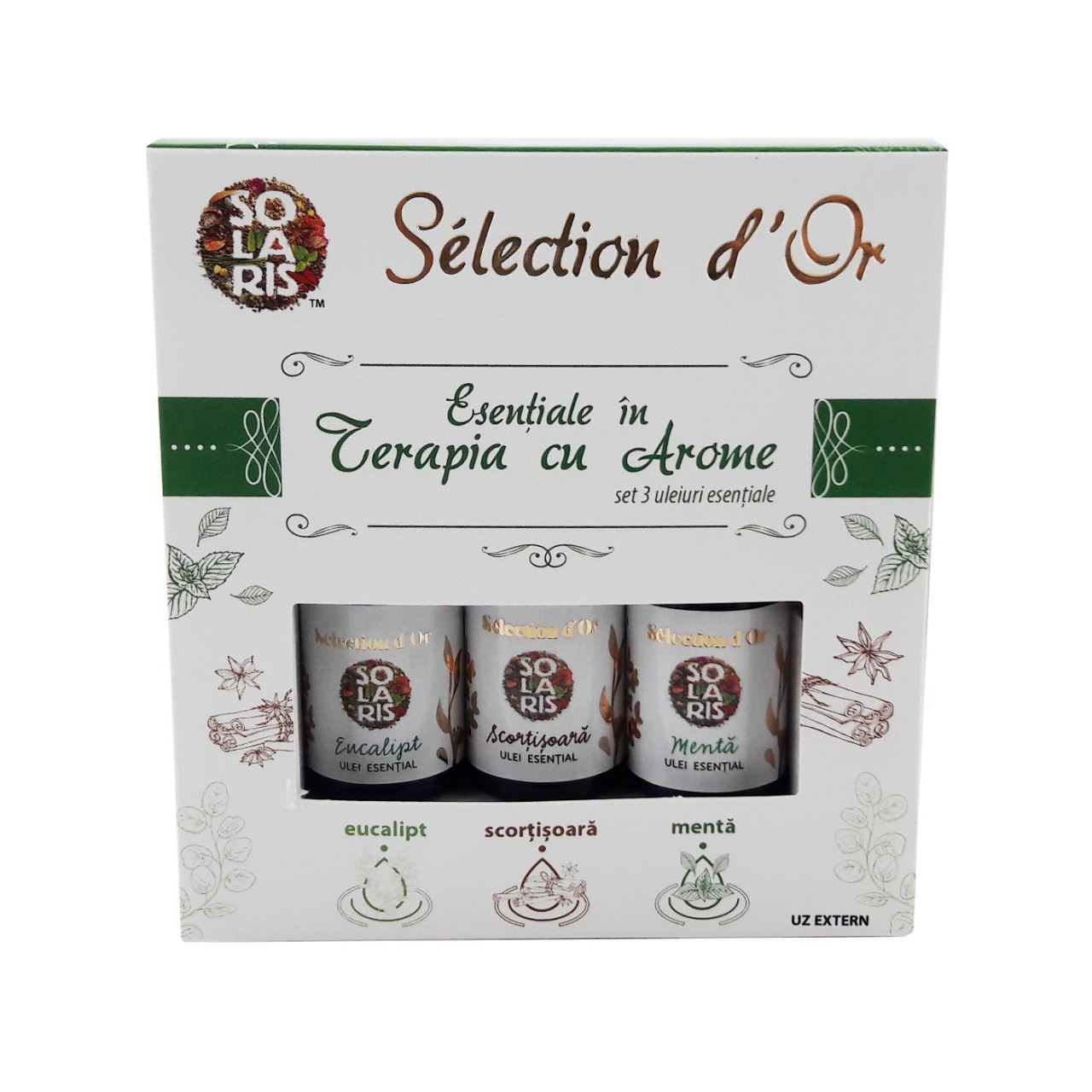 Set uleiuri esentiale Selection d'or (eucalipt, scortisoara, menta), 3*5ml, Solaris