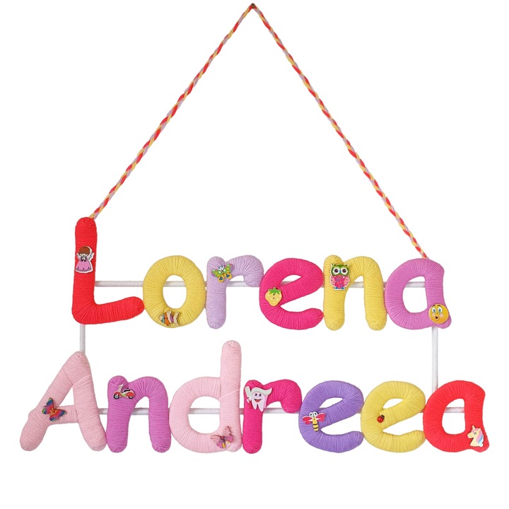 Ръчно изработена декорация за детската стая с персонализирано име Lorena Andreea 56x30 см, многоцветна