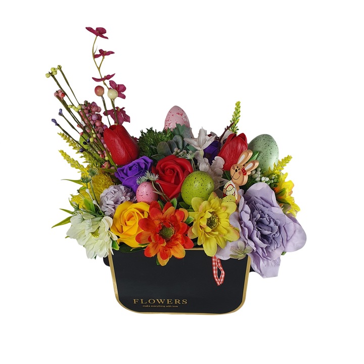 Aranjament Paste, cu flori de sapun, multicolor, cutie tip ghiveci neagra, mare