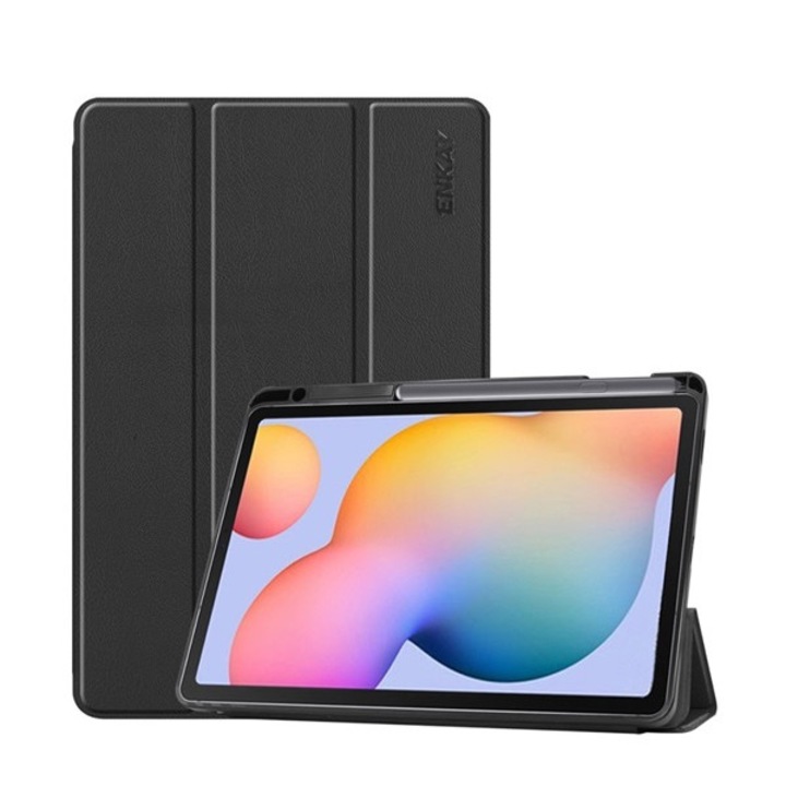 Tablet tok, kompatibilis, SamsungGalaxy Tab S6 Lite 10.4 LTE (SM-P625) 2024 / Galaxy Tab S6 Lite 10.4 WIFI (SM-P620) 2024 Enkay tok álló, bőr hatású (aktív flip, oldalra nyíló, trifold, asztali tartó, ceruza tartó) fekete, gyártói csomagolás