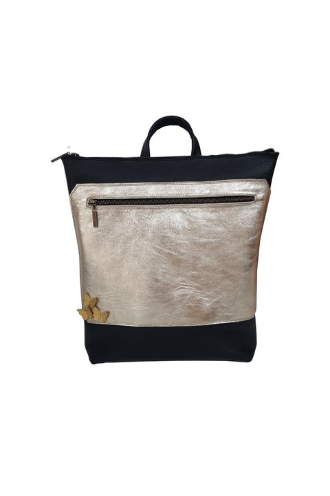 Rucsac piele naturala G101, Gentute din piele, Negru cu auriu
