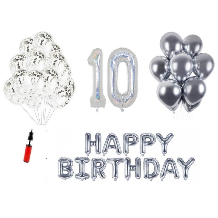 Set 36 piese, baloane Happy Birthday aniversare 10 ani, cifre folie 100 cm, holografic