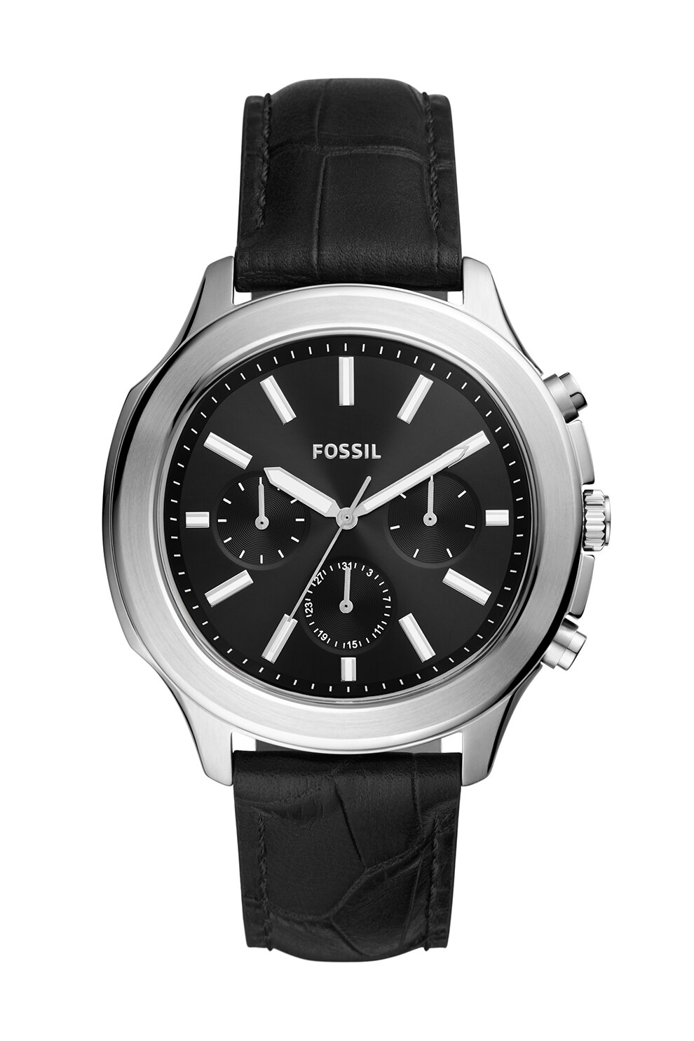 Fossil, Ceas cu functii multiple si curea de piele, Negru/Argintiu