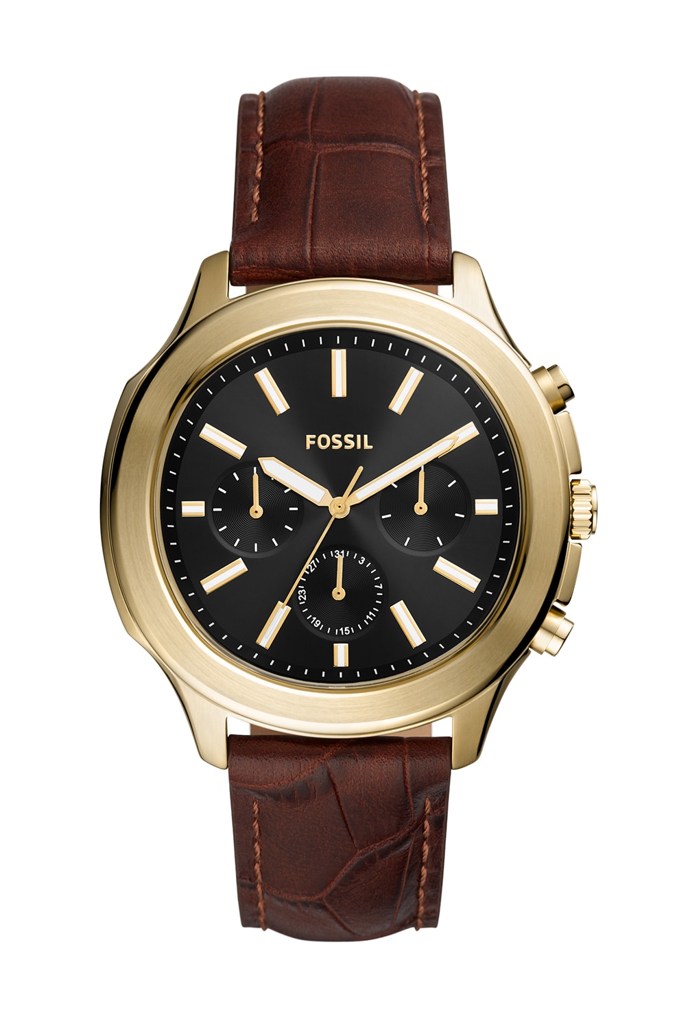 Fossil, Ceas cu functii multiple si curea de piele, Maro coniac/Auriu