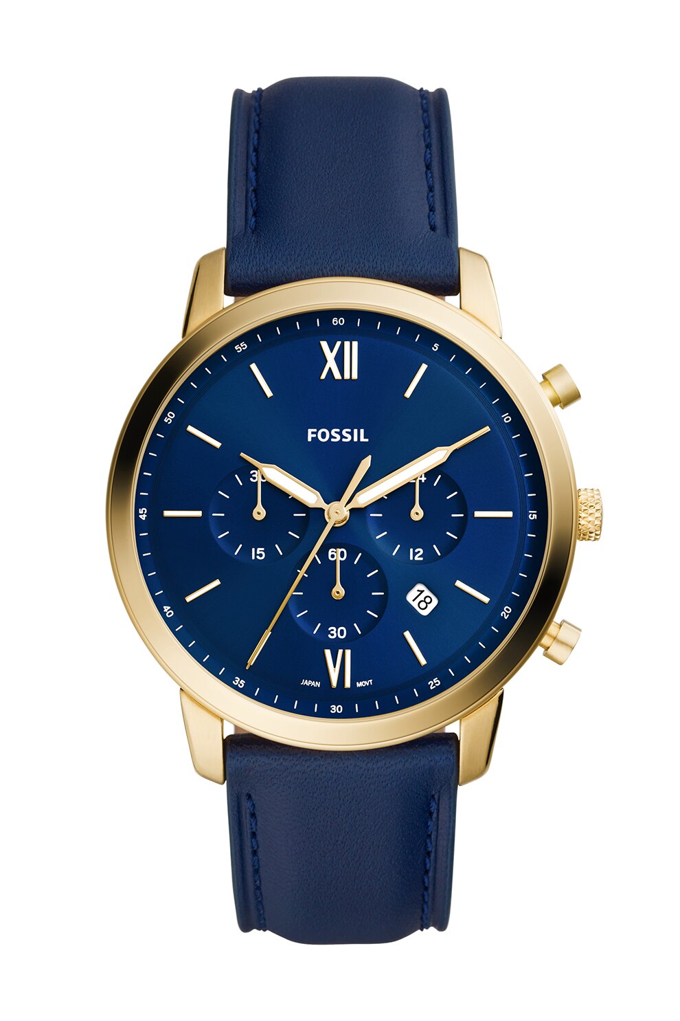 Fossil, Ceas cronograf cu o curea de piele, Bleumarin/Auriu
