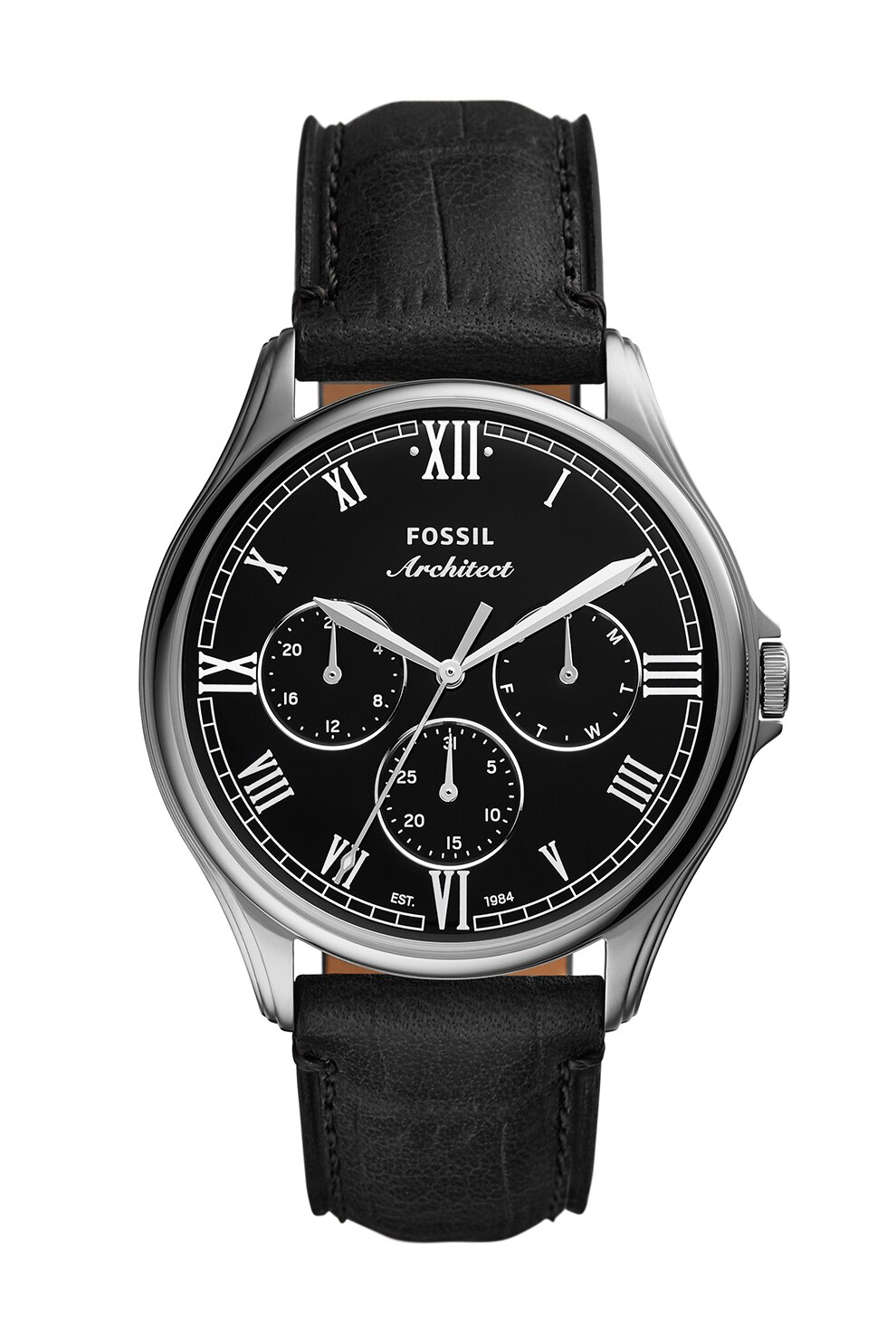 Fossil, Ceas cu functii multiple si curea de piele, Negru/Argintiu