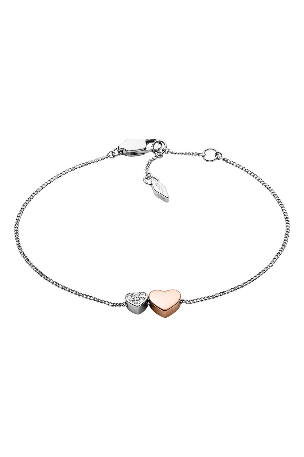 Fossil, Bratara de otel inoxidabil cu talismane in forma de inima, Argintiu/Auriu rose