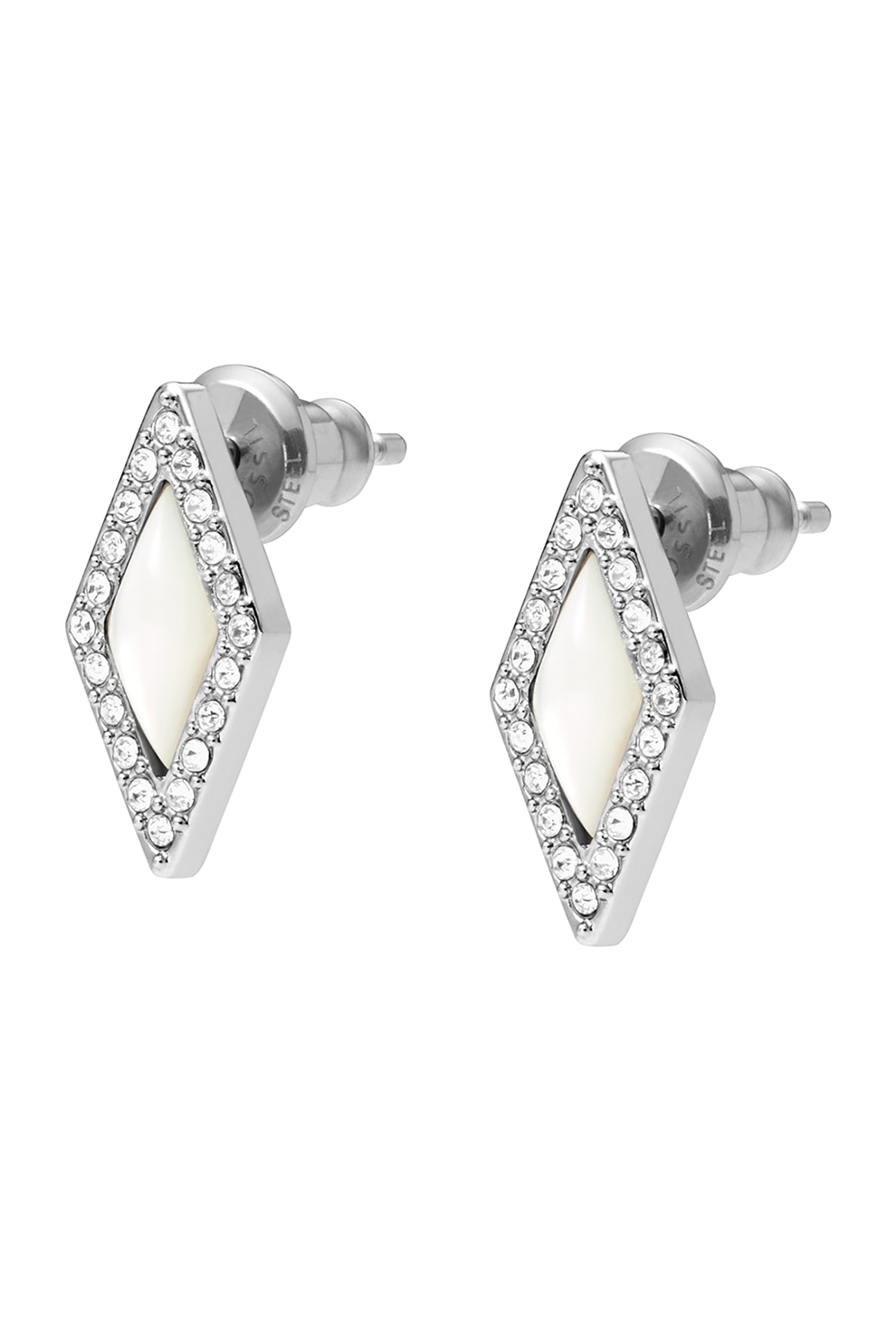 Fossil, Cercei de otel inoxidabil cu mother of pearl si zirconia, Argintiu/Alb prafuit