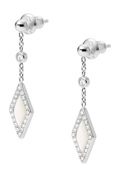Fossil, Cercei drop de otel inoxidabil cu mother of pearl si zirconia, Argintiu/Alb prafuit Fossil, Cercei drop de otel inoxidabil cu mother of pearl si zirconia, Argintiu/Alb prafuit