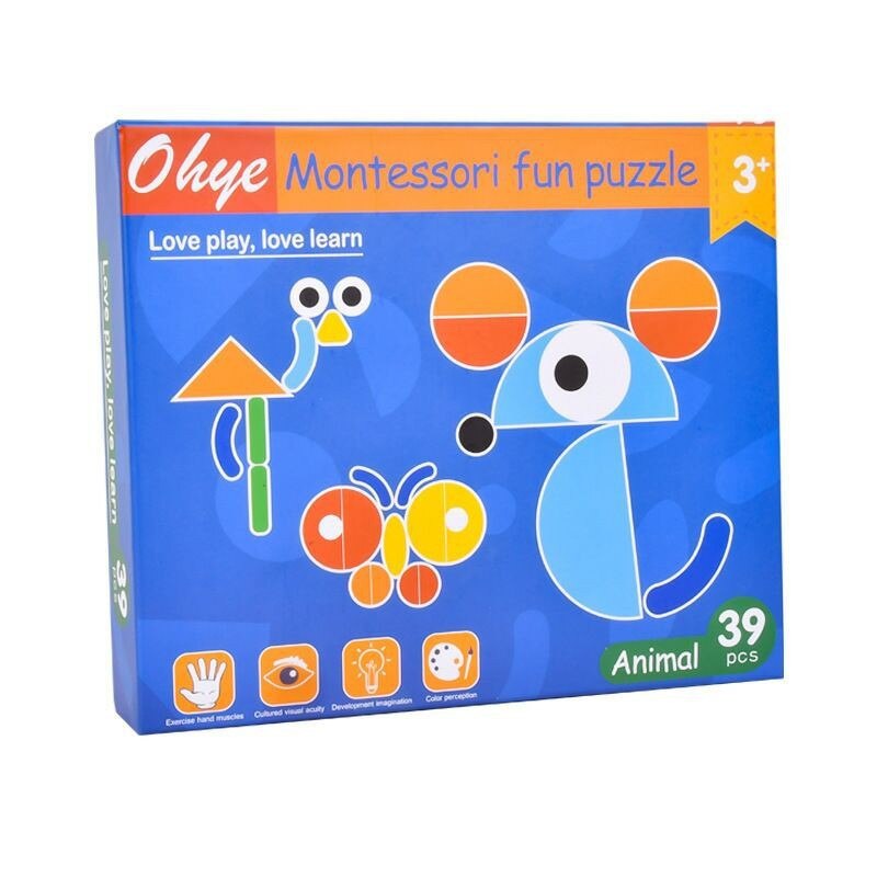 Joc educativ, Tangram cu 39 piese geometrice multicolore din lemn, + 3 ani