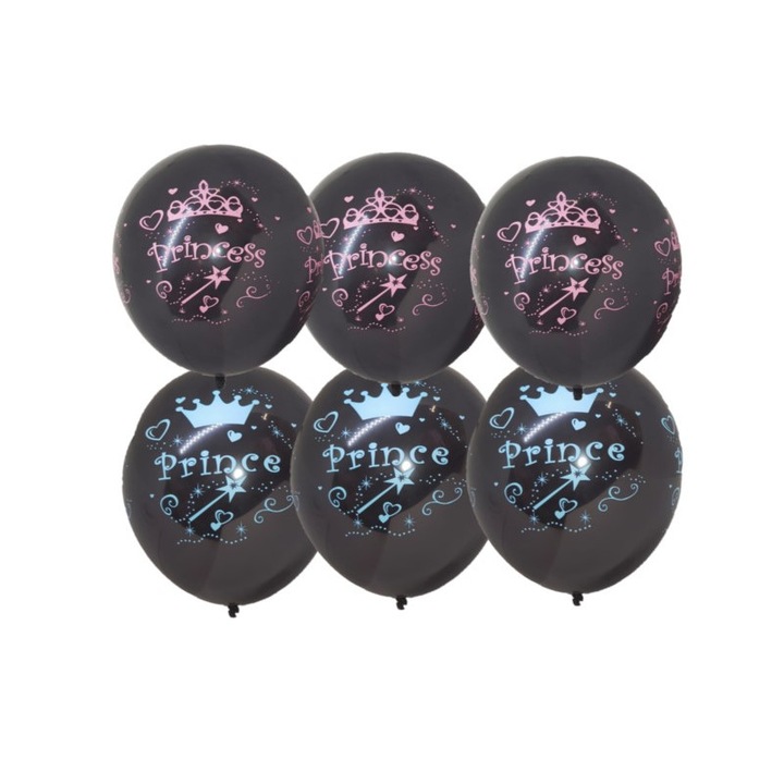 Комплект от 6 черни латексови балона, Prince Princess, 30 см