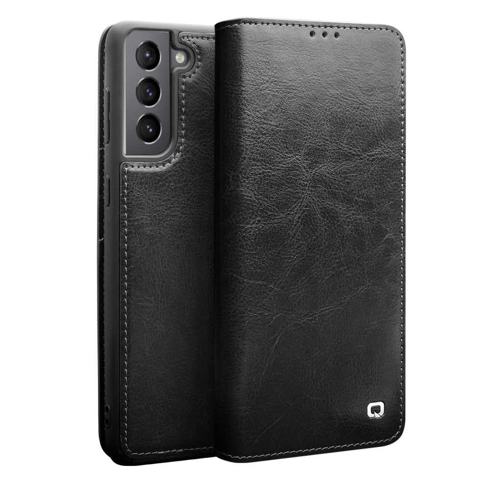 Husa pentru Samsung Galaxy S21 - Qialino Classic Wallet, slim din piele fina naturala tip carte, portofel, cu buzunare carduri si bani, culoare Negru