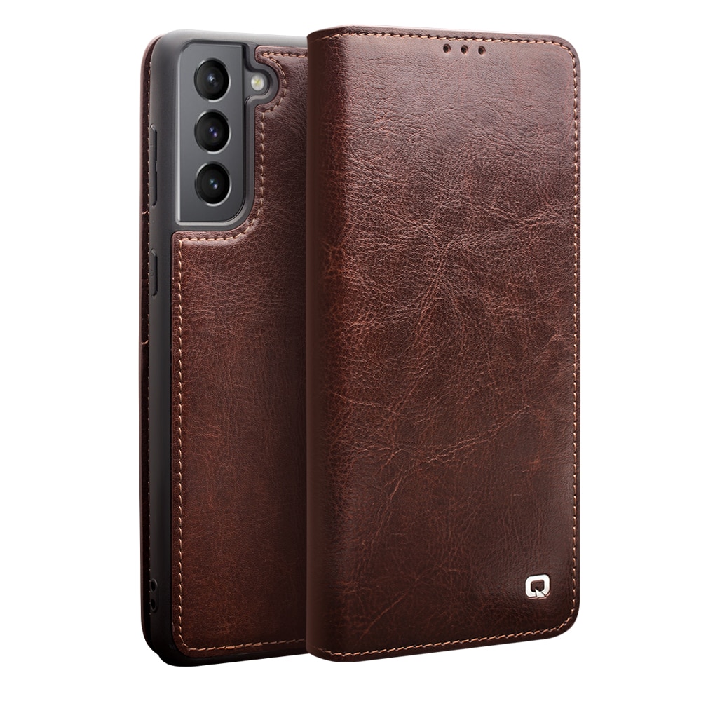 Husa pentru Samsung Galaxy S21 - Qialino Classic Wallet, slim din piele fina naturala tip carte, portofel, cu buzunare carduri si bani, culoare Maro coffee