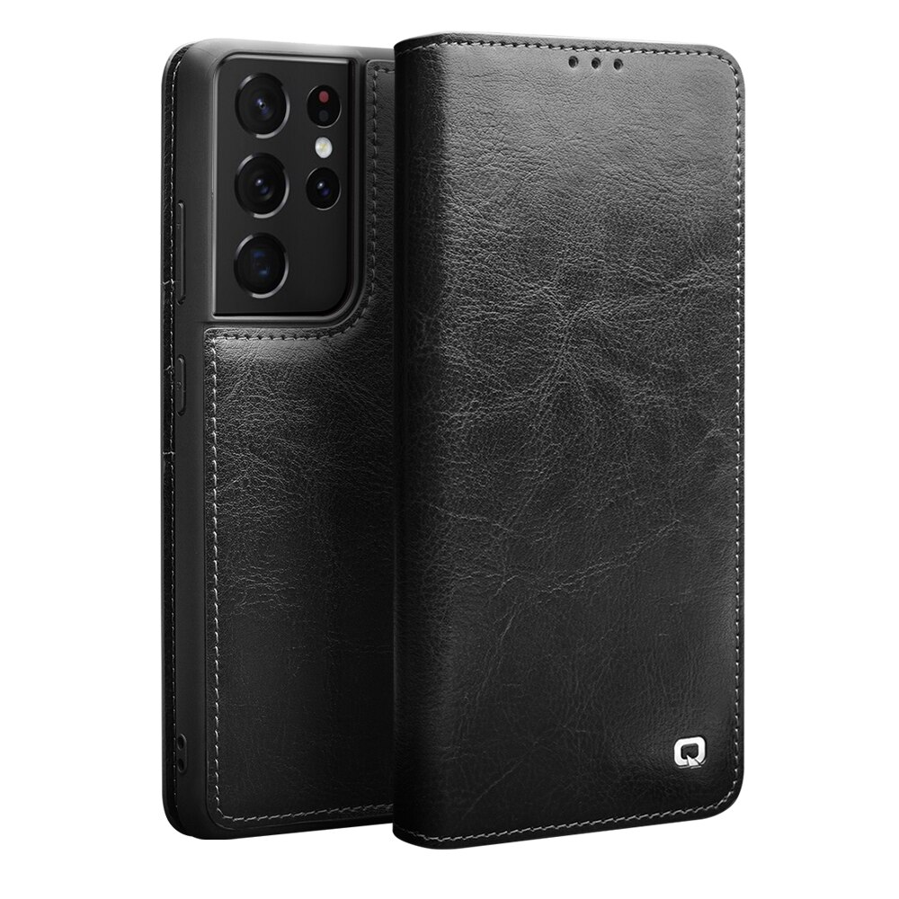 Husa pentru Samsung Galaxy S21 Ultra - Qialino Classic Wallet, slim din piele fina naturala tip carte, portofel, cu buzunare carduri si bani, culoare Negru