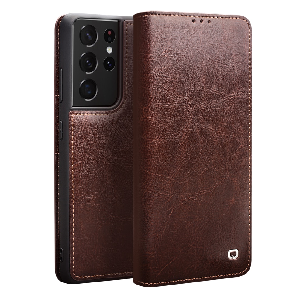 Husa pentru Samsung Galaxy S21 Ultra - Qialino Classic Wallet, slim din piele fina naturala tip carte, portofel, cu buzunare carduri si bani, culoare Maro coffee