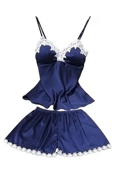 Set pijama, haine de stat in casa sexy, 2 piese, din satin, maieu si chilot tip pantalon scurt, EFAYN RO, Albastru Set pijama, haine de stat in casa sexy, 2 piese, din satin, maieu si chilot tip pantalon scurt, EFAYN RO, Albastru
