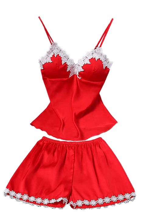 Set pijama, haine de stat in casa sexy, 2 piese, din satin, maieu si chilot tip pantalon scurt, EFAYN RO, Rosu