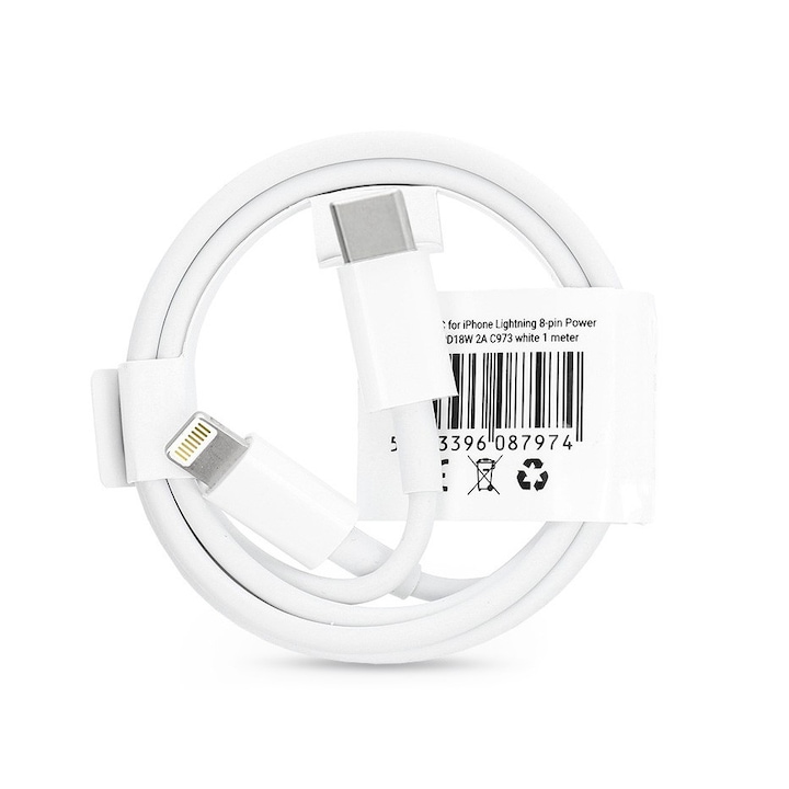 USB Type-C - Lightning adat- és töltőkábel 1 m-es vezetékkel - C973 PD 18W Cable for Lightning - 2A - fehér - ECO csomagolás