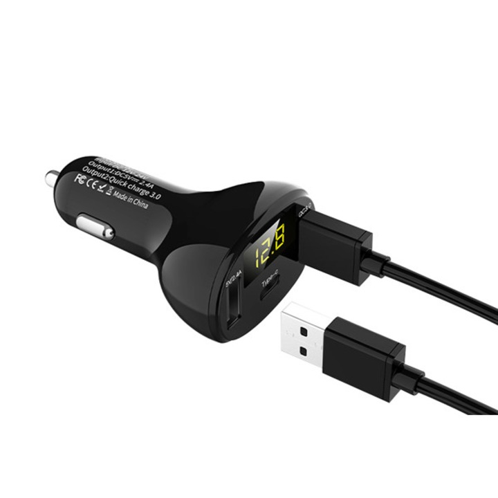 Autós töltő 1xusb Qc3.0 + 1xusb 2.4a + 1xusb Type-c LED feszültség/teljesítmény kijelzővel