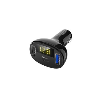 Incarcator auto premium cu 3 porturi usb 1xUSB QC3.0, 1xUSB 2.4A, 1xUSB Type-C cu afisaj tensiune,putere led Incarcator auto premium cu 3 porturi usb 1xUSB QC3.0, 1xUSB 2.4A, 1xUSB Type-C cu afisaj tensiune,putere led
