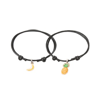 Set 2 bratari cuplu, banana si ananas, piele ecologica, negru/galben Set 2 bratari cuplu, banana si ananas, piele ecologica, negru/galben