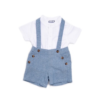 Set 2 piese Babybol bebe baiat, Salopeta bretele cu camasa, bumbac,, Alb/Bleu, 56 CM Set 2 piese Babybol bebe baiat, Salopeta bretele cu camasa, bumbac,, Alb/Bleu, 56 CM