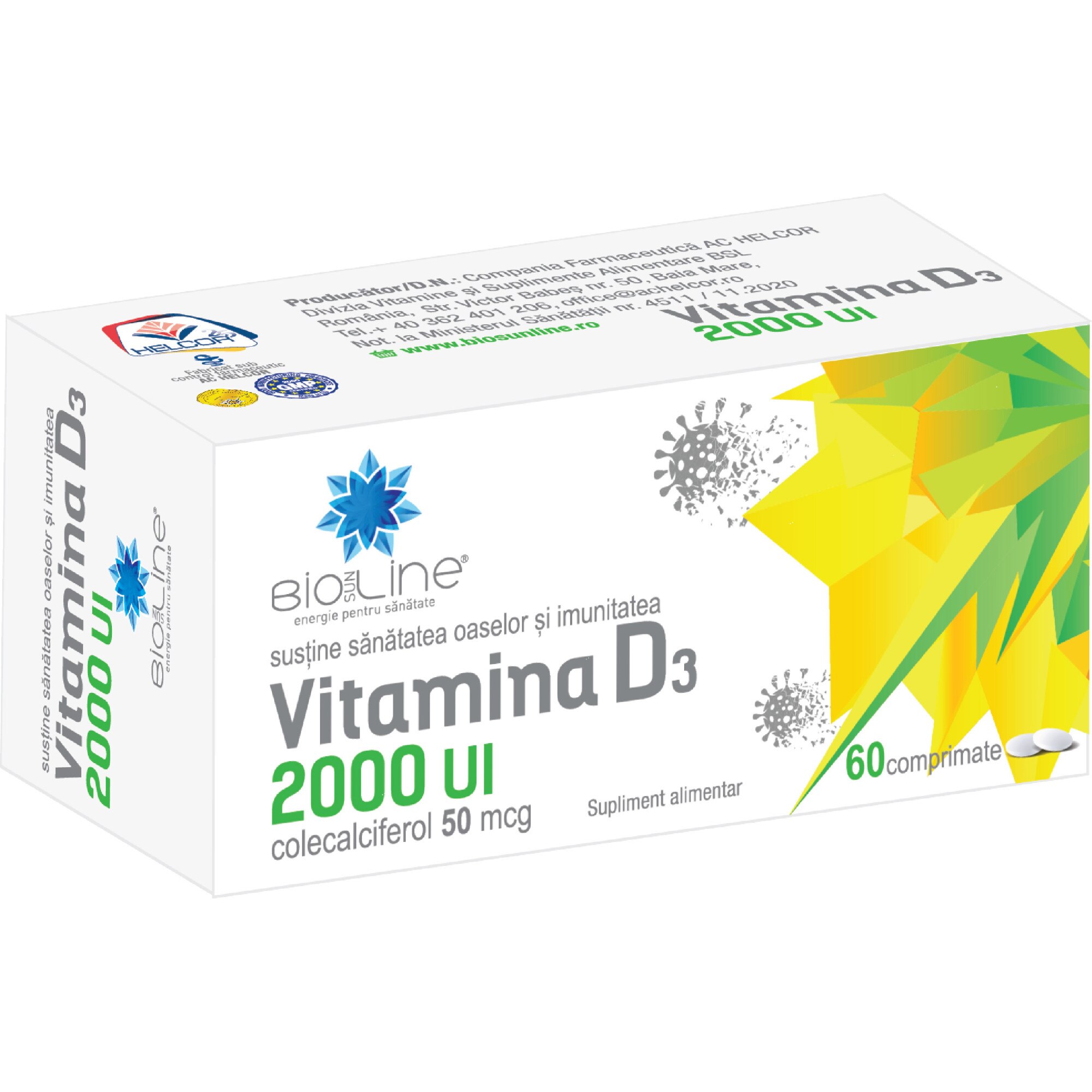 Supliment alimentar Vitamina D3 2000 UI, BioSunLine, 60 comprimate