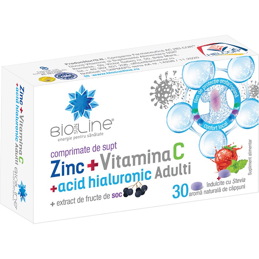 Supliment alimentar Zinc cu Vitamina C si Acid Hialuronic, BioSunLine, 30 comprimate de supt