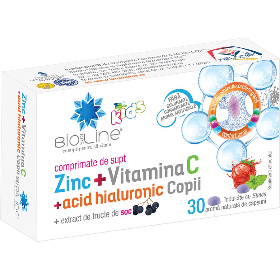 Supliment alimentar Zinc cu Vitamina C si Acid Hialuronic pentru copii, BioSunLine, 30 comprimate de supt