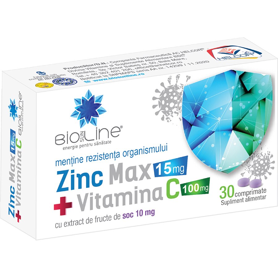 Supliment alimentar Zinc Max + Vitamina C 100 mg, BioSunLine, 30 comprimate